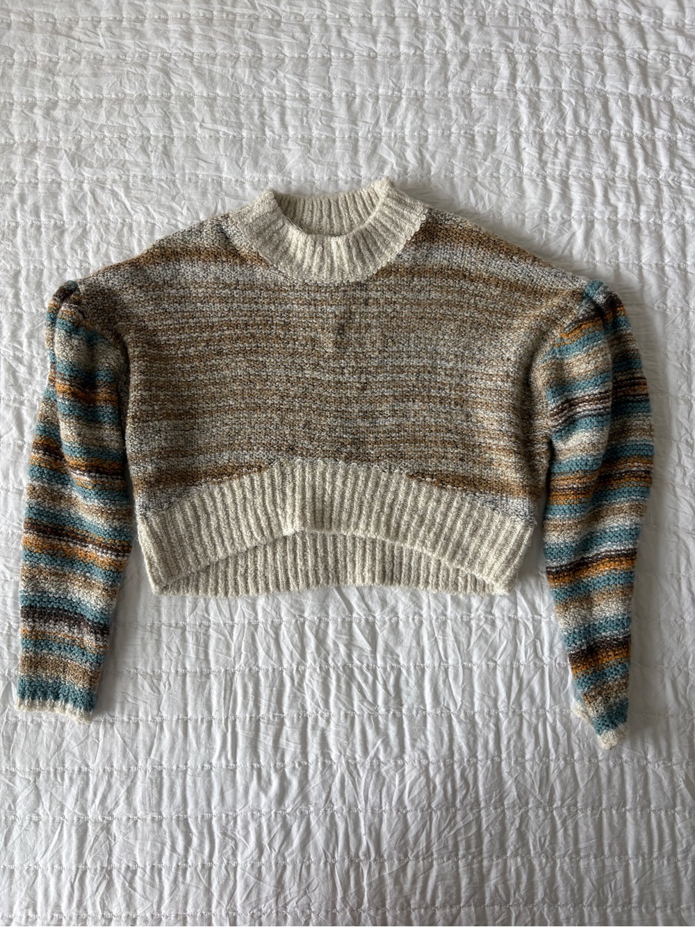 Urban Outfitters Cream Cropped Crew Sweater with Teal & Brown Striped Sleeves